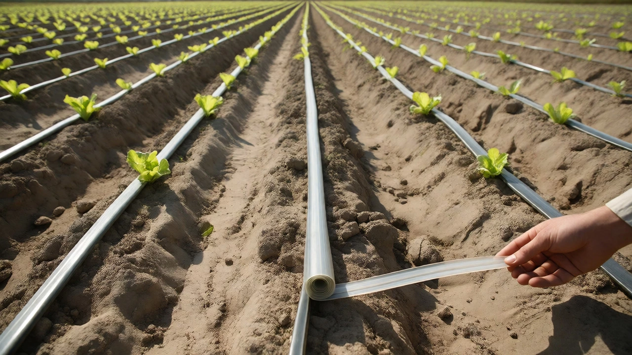 Farmer unrolling drip tape across a large field of young lettuce crops