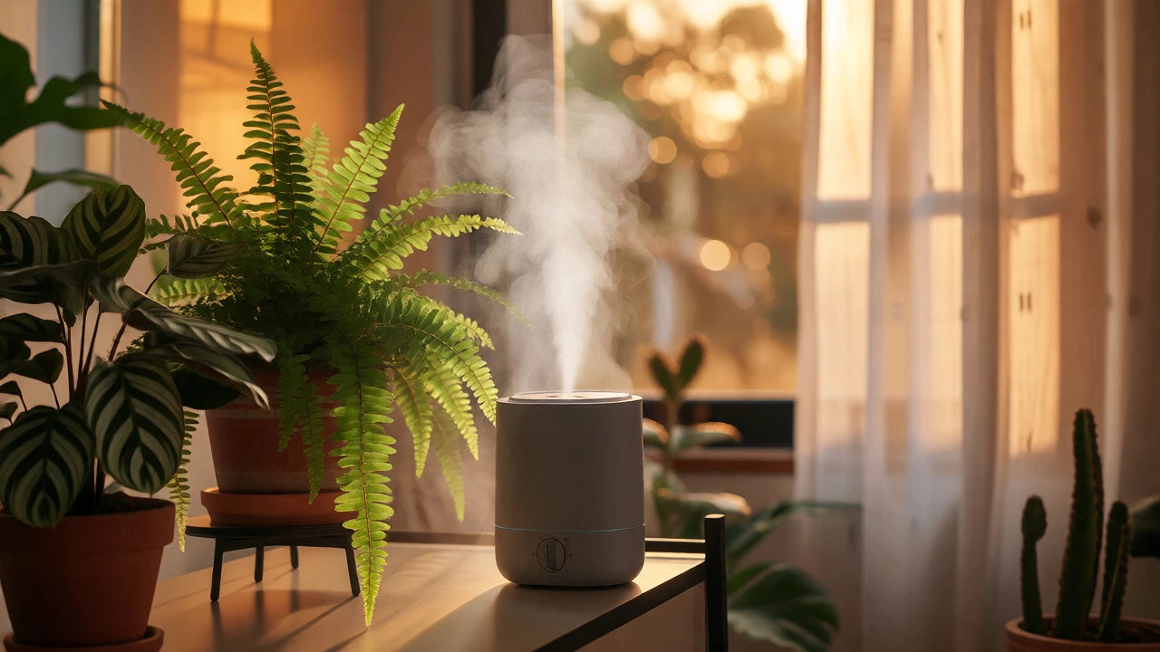 Ferns near a humidifier releasing mist in a warm indoor setting