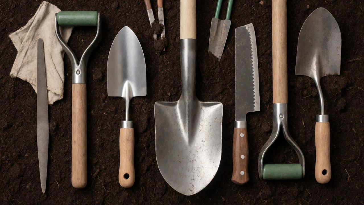 Flat lay of durable garden tools including shovel and trowel on clay soil