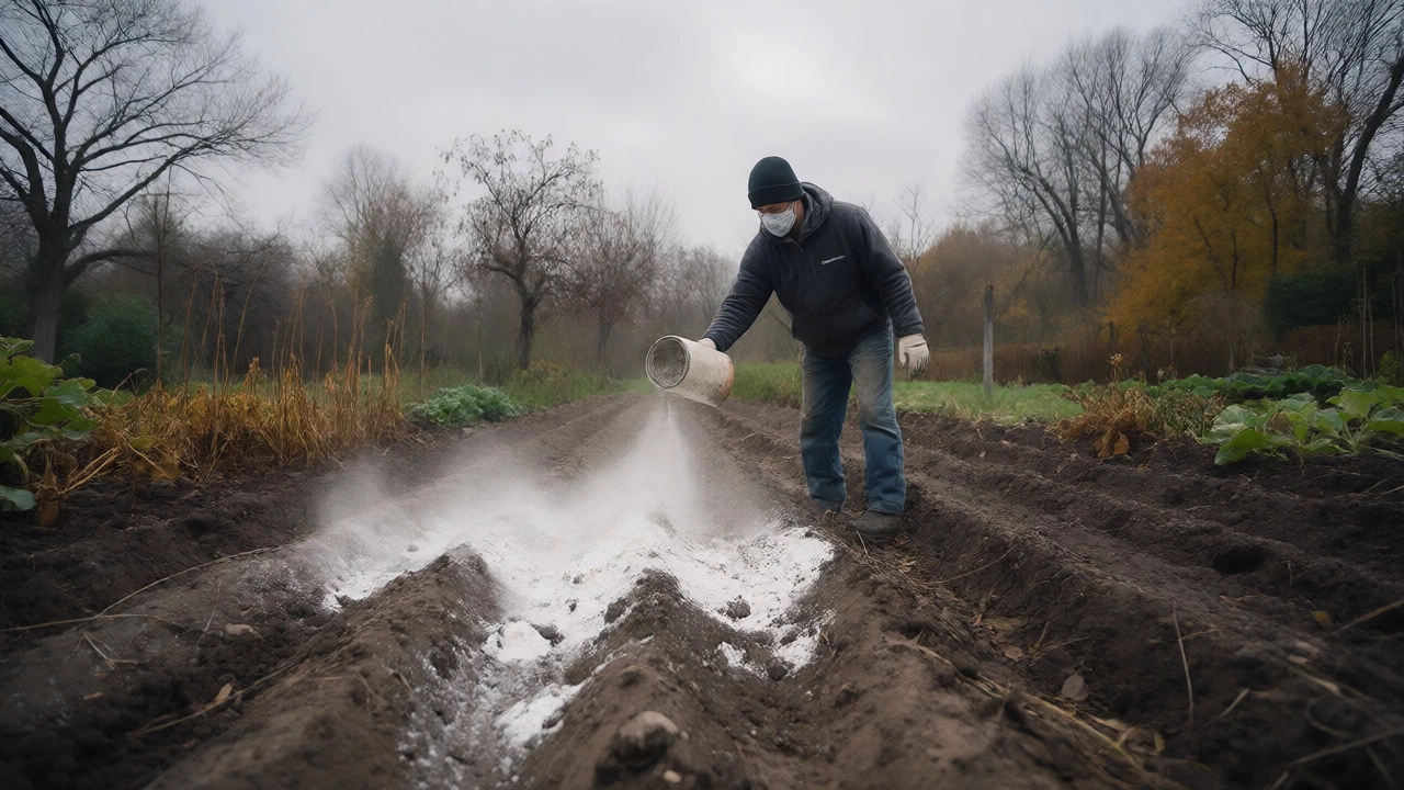 Gardener applying white lime powder to a tilled vegetable bed under an overcast autumn sky.