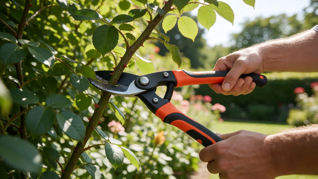 Gardener using orange-accented loppers to cut a rose branch in sunlight