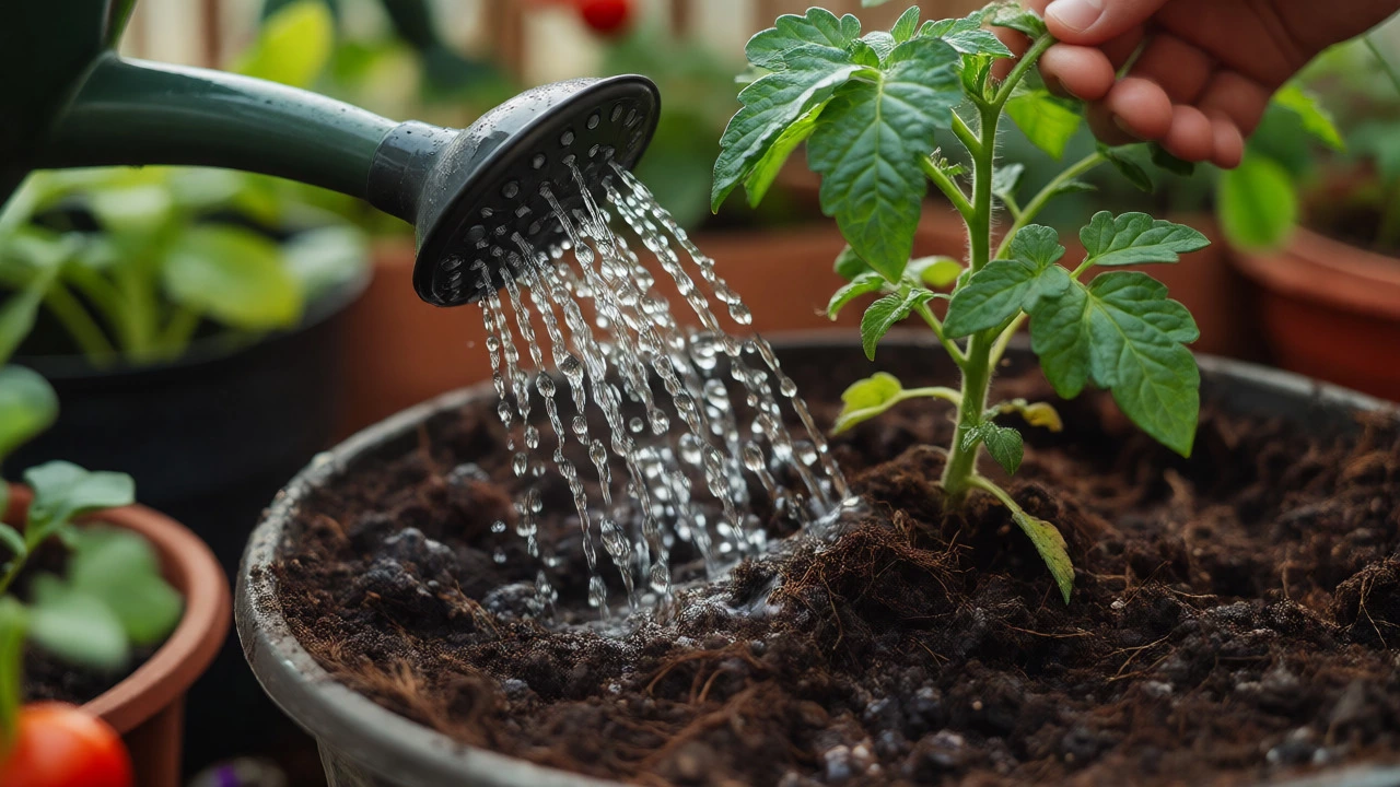Gentle watering of potted tomatoes with rose-head watering can