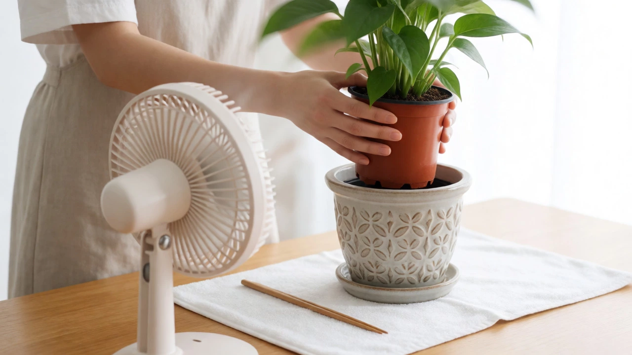 Lifting a plant pot to drain water while a fan provides airflow