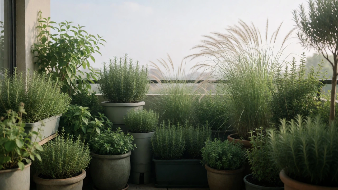 Lush herb and grass garden on a breezy urban balcony