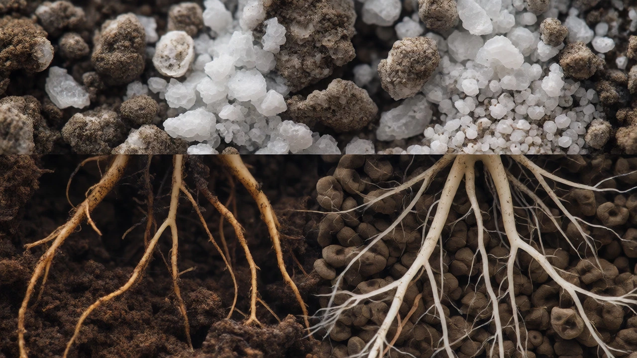 Macro view showing white lime particles mixing into soil, improving root health and clay aggregation.