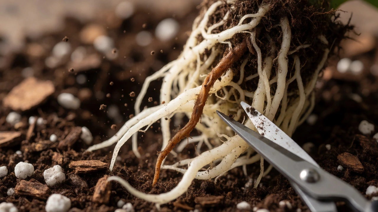 Trimming brown rotten roots from a plant with scissors