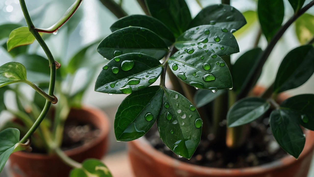 Water droplets beading on the waxy leaves of a ZZ plant and Pothos