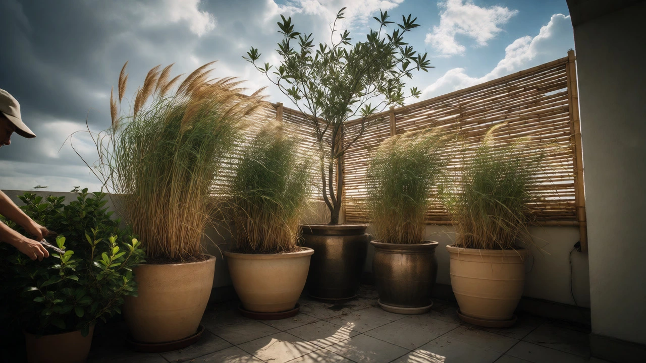 Wind-protected cluster of potted plants on a windy rooftop terrace