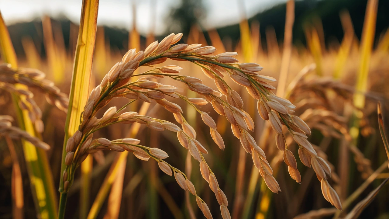 Close-up of heavy golden rice panicles ready for harvest