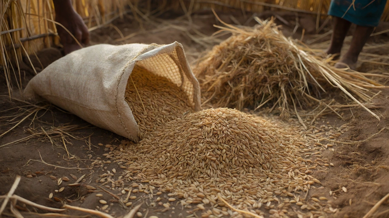 Family manually threshing rough rice from sacks at a homestead