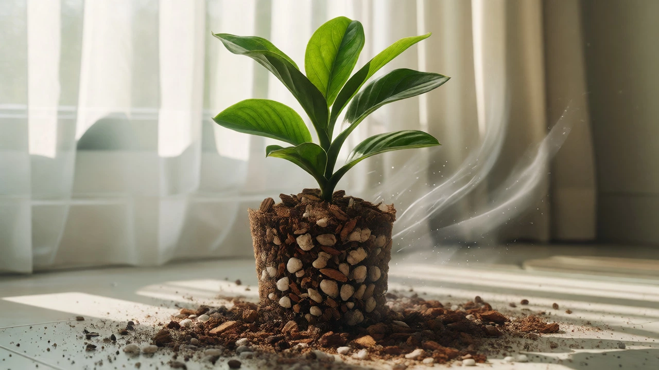 Healthy houseplant repotted in fresh airy soil recovering in bright indirect light