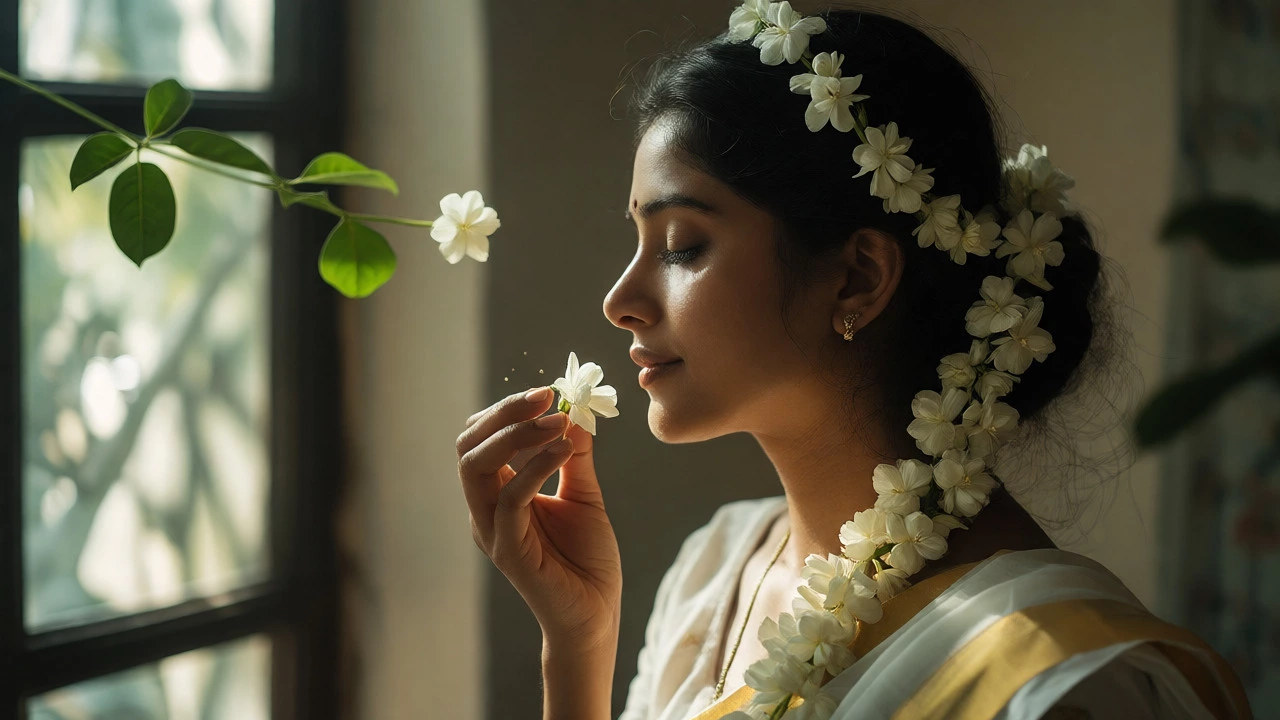 Indian woman wearing jasmine flowers in her hair enjoying their scent