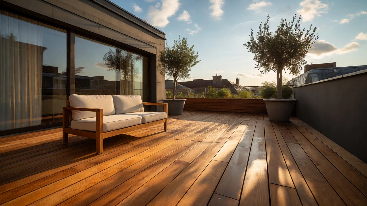 Luxury teak terrace deck with furniture in evening light