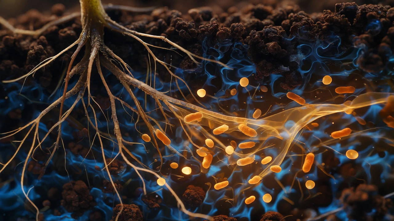 Macro view of plant roots interacting with soil microbes fed by sugar solution.