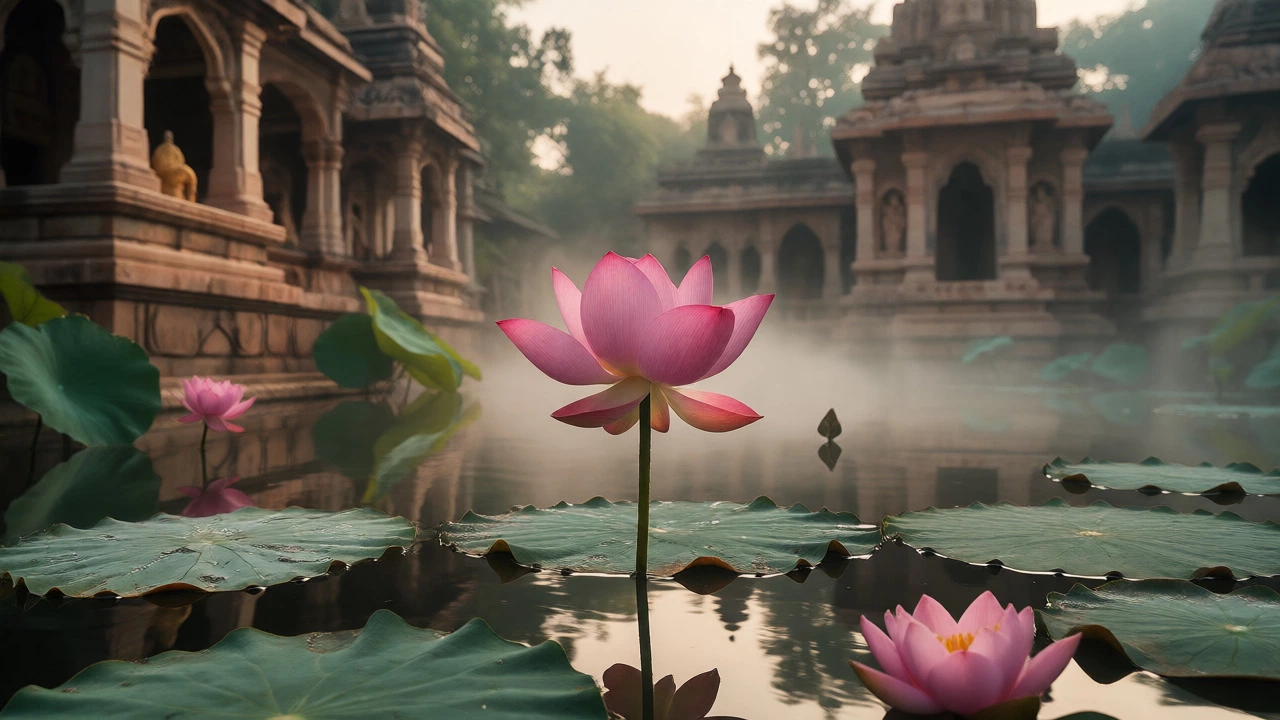 Pink lotus blooming in a pond near a temple