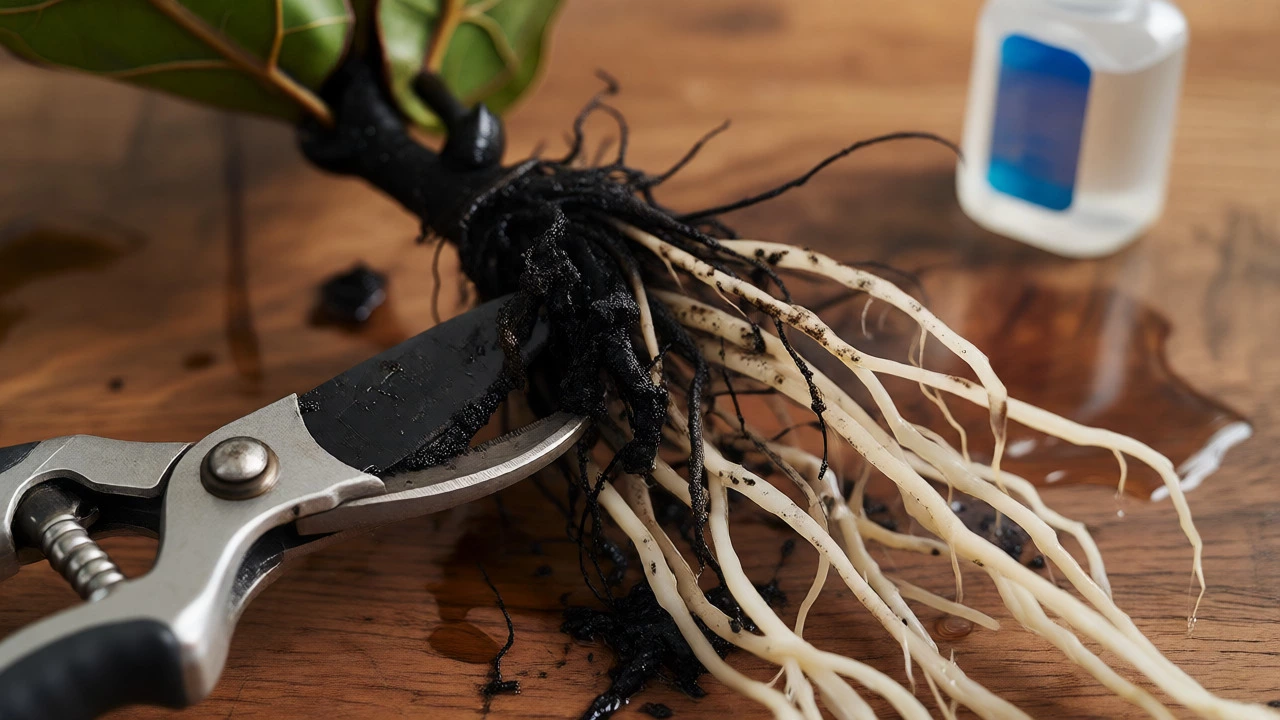 Pruning shears cutting black rotten roots from a Fiddle Leaf Fig root ball