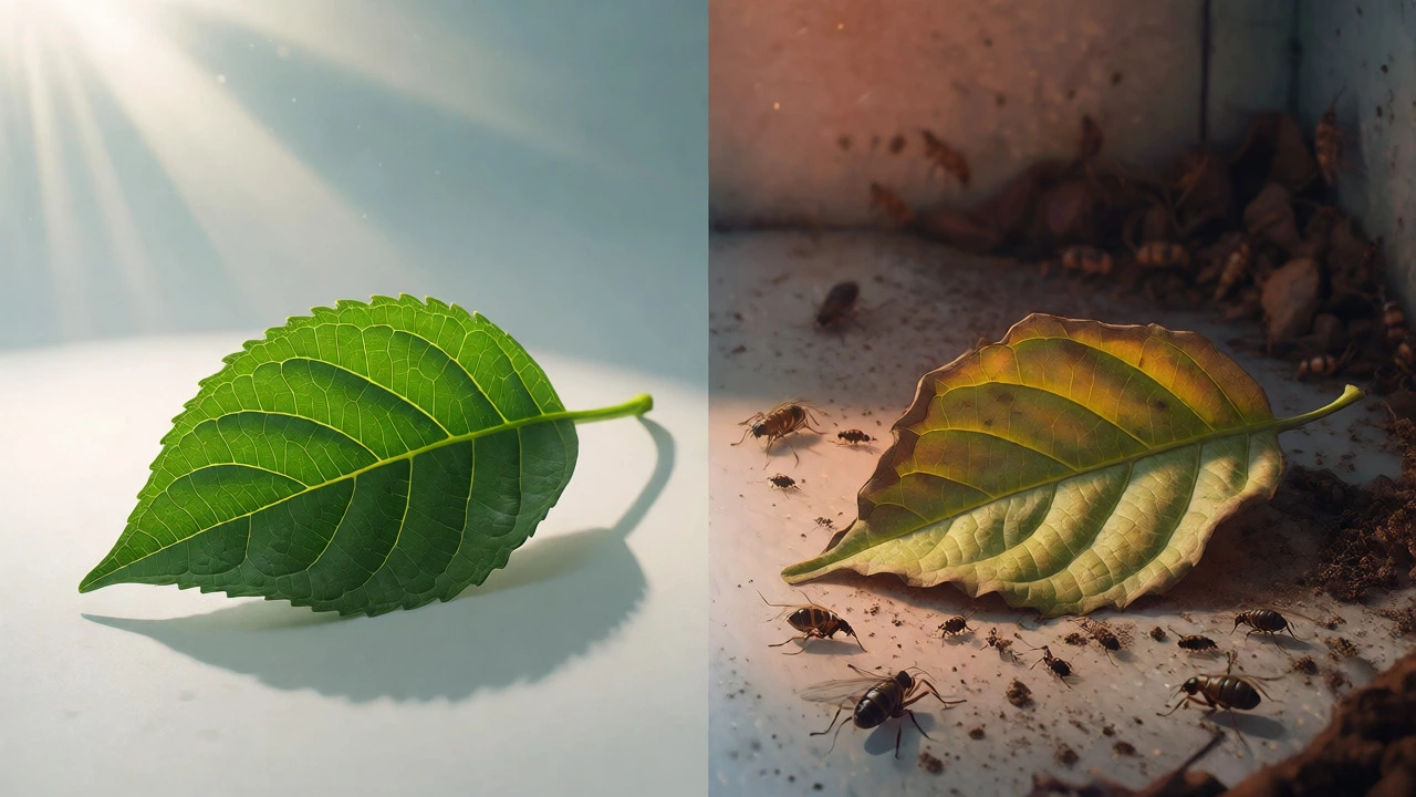 Split image comparing a healthy leaf to one damaged by pests and dehydration.
