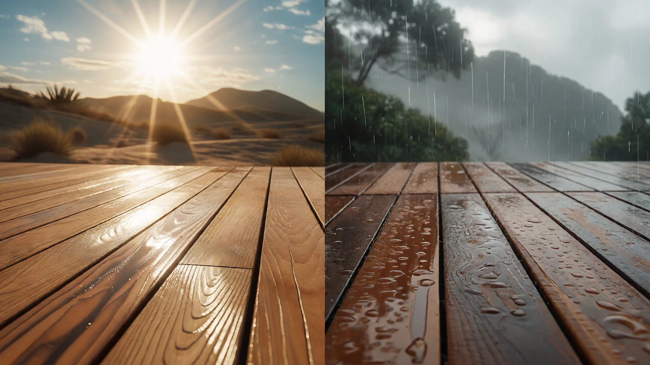 Split view of ash wood in sun versus ipe in rain